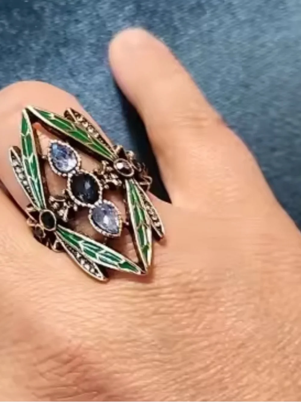 Vintage Green Enamel and Blue Stone Gold Ring